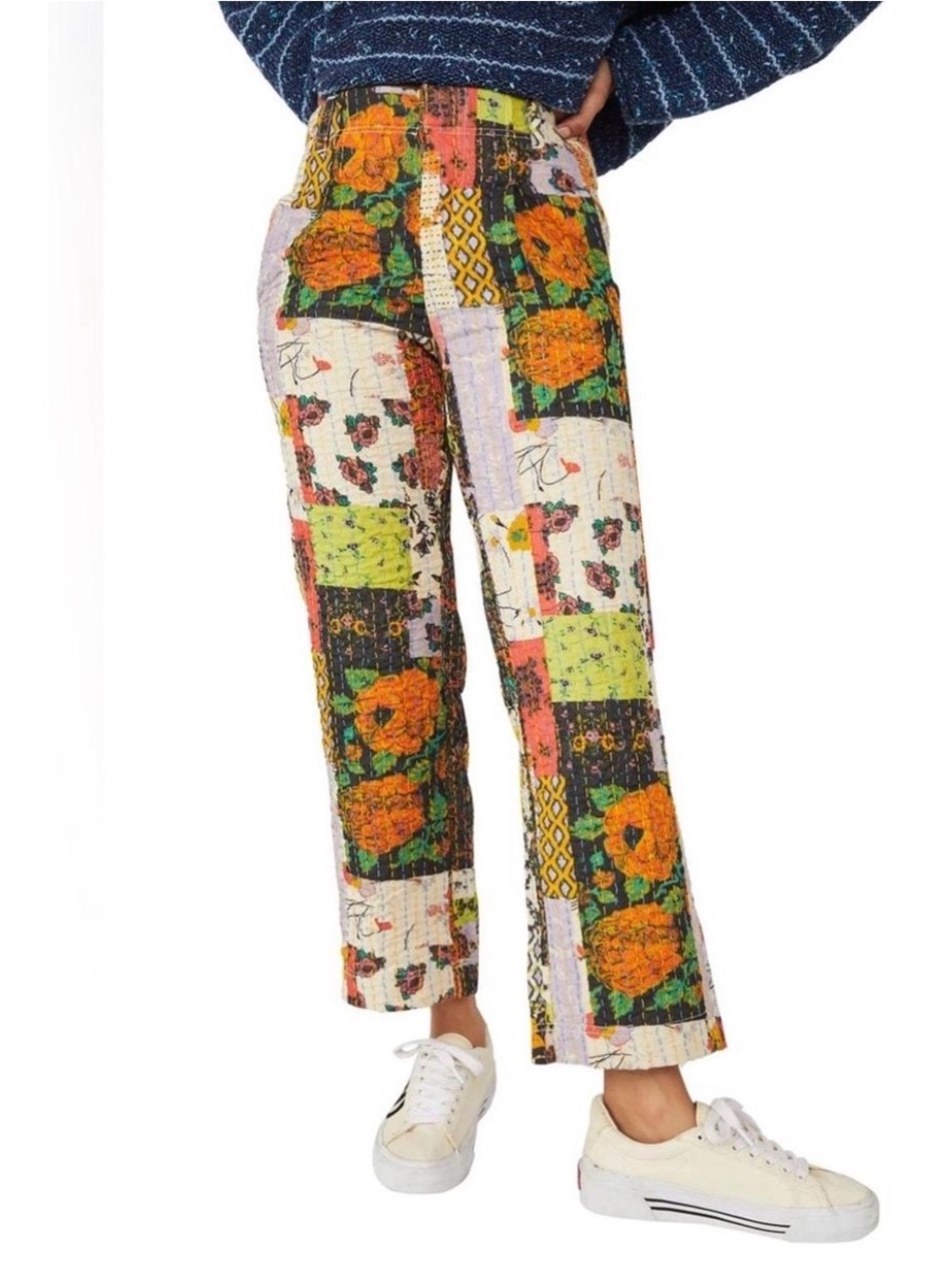Free People Multicolor Patchwork Wide-Leg Pants - Orange, Green, 100% cotton